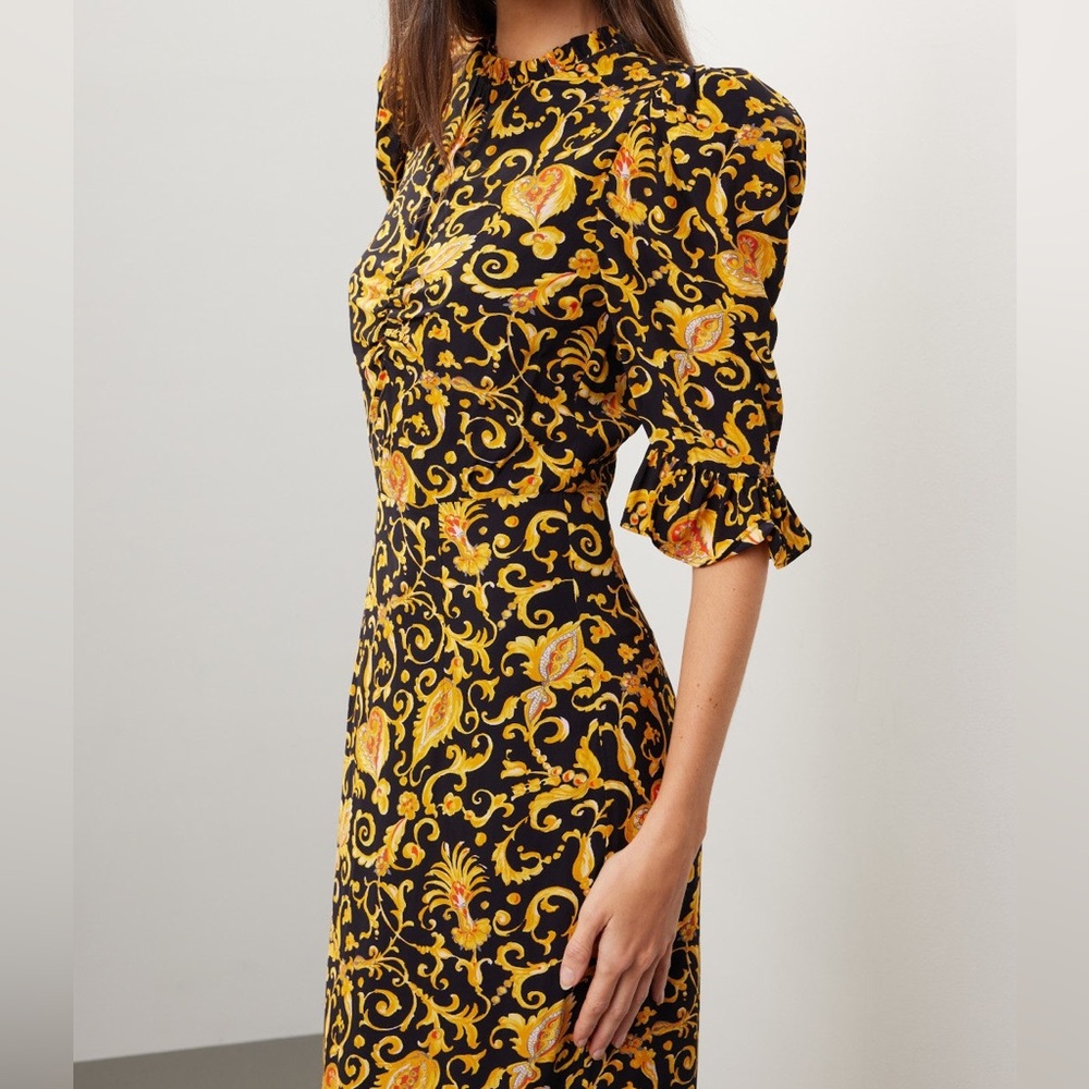 RHODE Felix Dress Black Yellow Gold Patterned Flare Midi